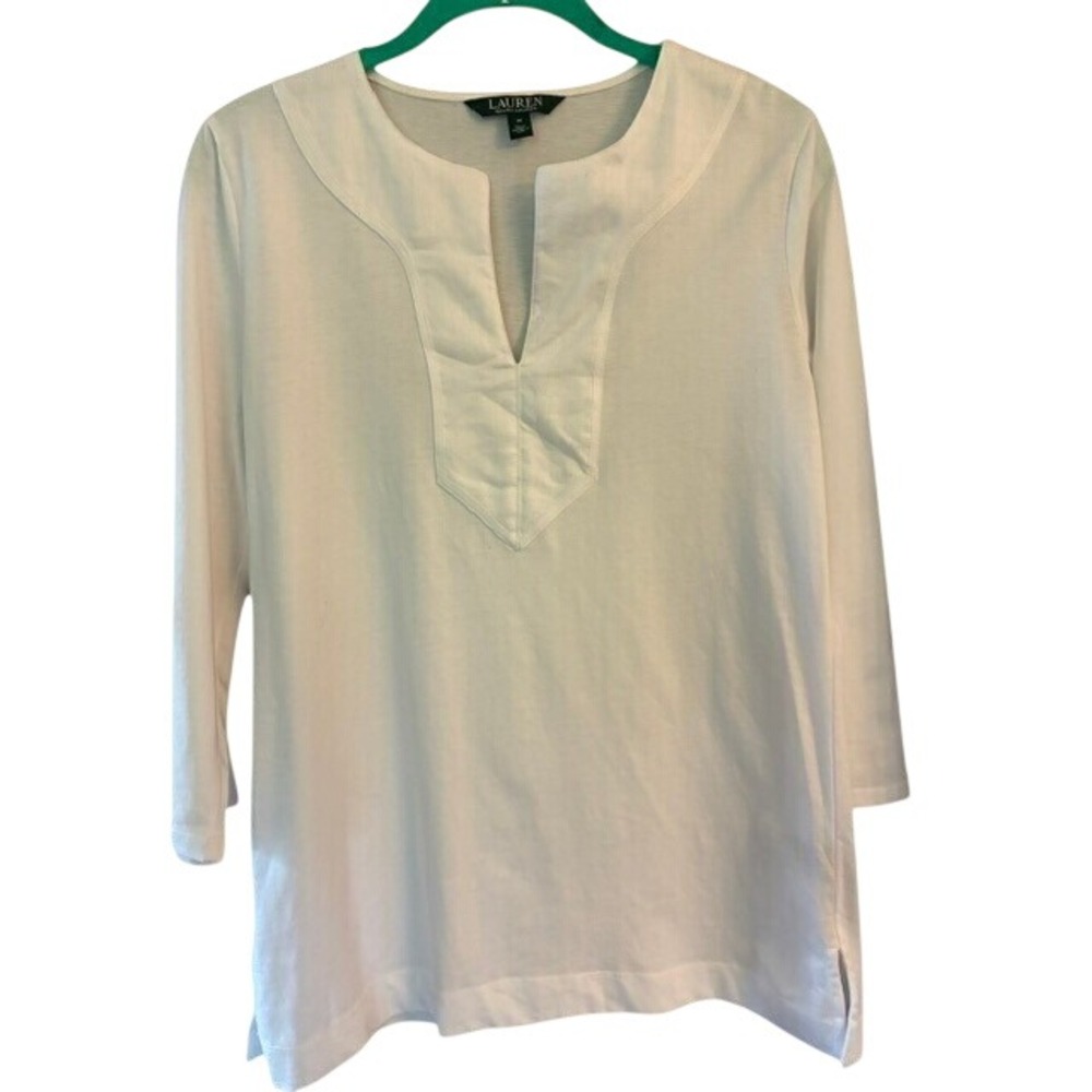 Lauren Ralph Lauren Tunic Top Women M White New Cotton Split Neck 3/4 Sleeve
